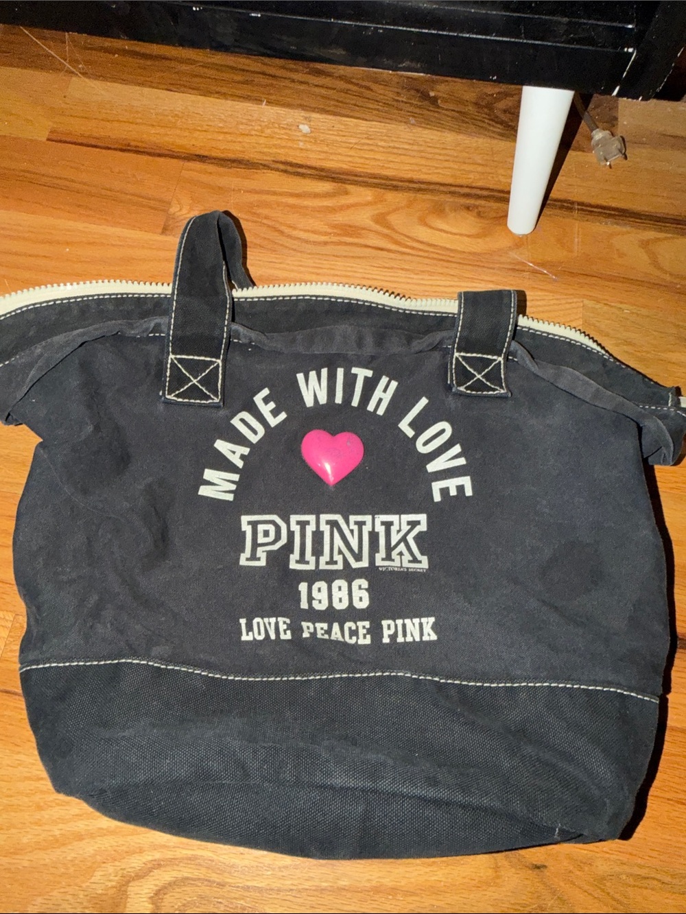 PINK Victoria's Secret Black Canvas Tote with Pink Heart Graphic
